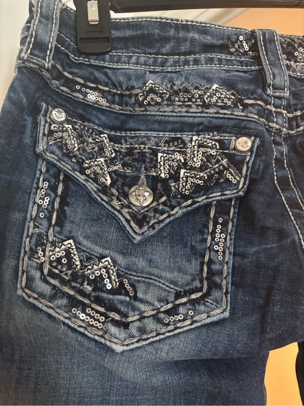 Signature Dark Blue Women's Jeans with Silver Sequin Embellishment